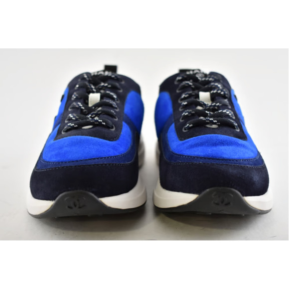Chanel 21K Blue Suede White CC Logo Lace Up Tie Flat Runner Trainer Sneaker 40.5 - Picture 8 of 11